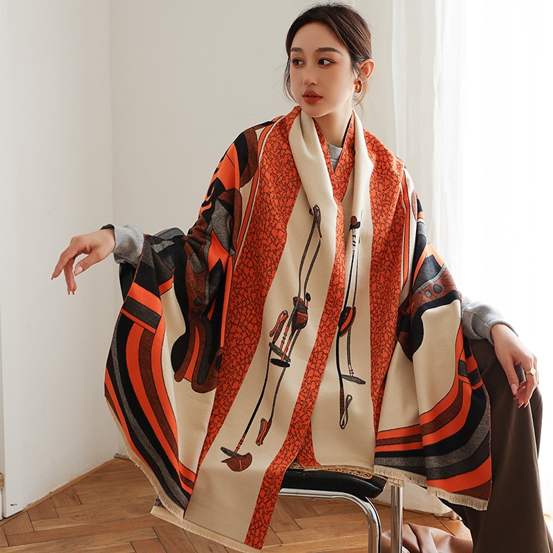 Bufanda-럭셔리 브랜드 캐시미어 스카프 디자인 말 프린트 목도리 담요 랩 여성용, 따뜻한, 두꺼운, 풀 라드, 겨울